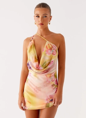 Bohemian Bliss Mesh Mini Dress - Sunburst Floral Solid Style Full Coverage Sophisticated Waistband Fit Bohemian Bliss Mesh Mini Dress - Sunburst Floral