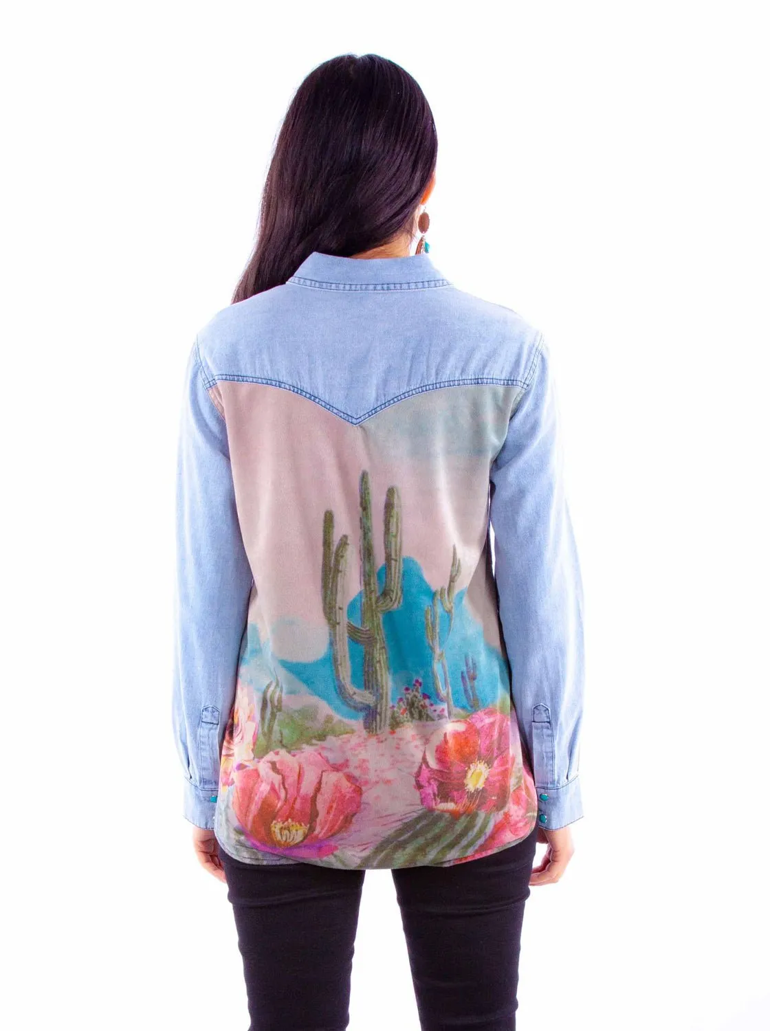 Easy Styling Scully Womens Microfiber Cactus Scene Denim Cotton Blend L/S Shirt