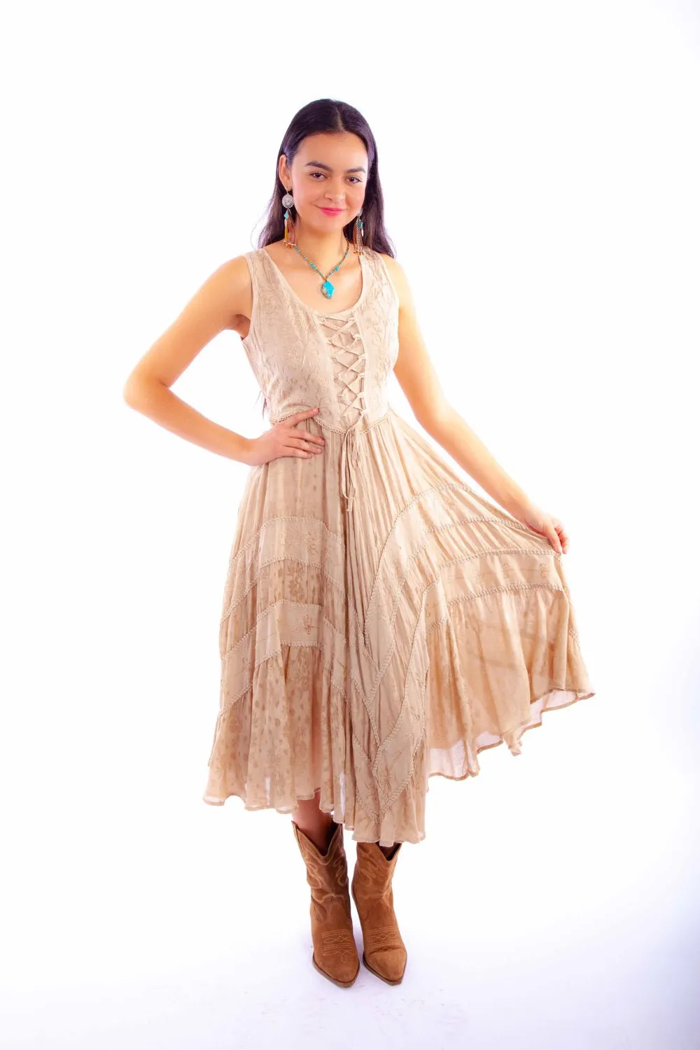 Scully Womens Full Length Lace-Up Light Latte 100% Rayon S/L Dress Non Restrictive Thigh Wearable Piece