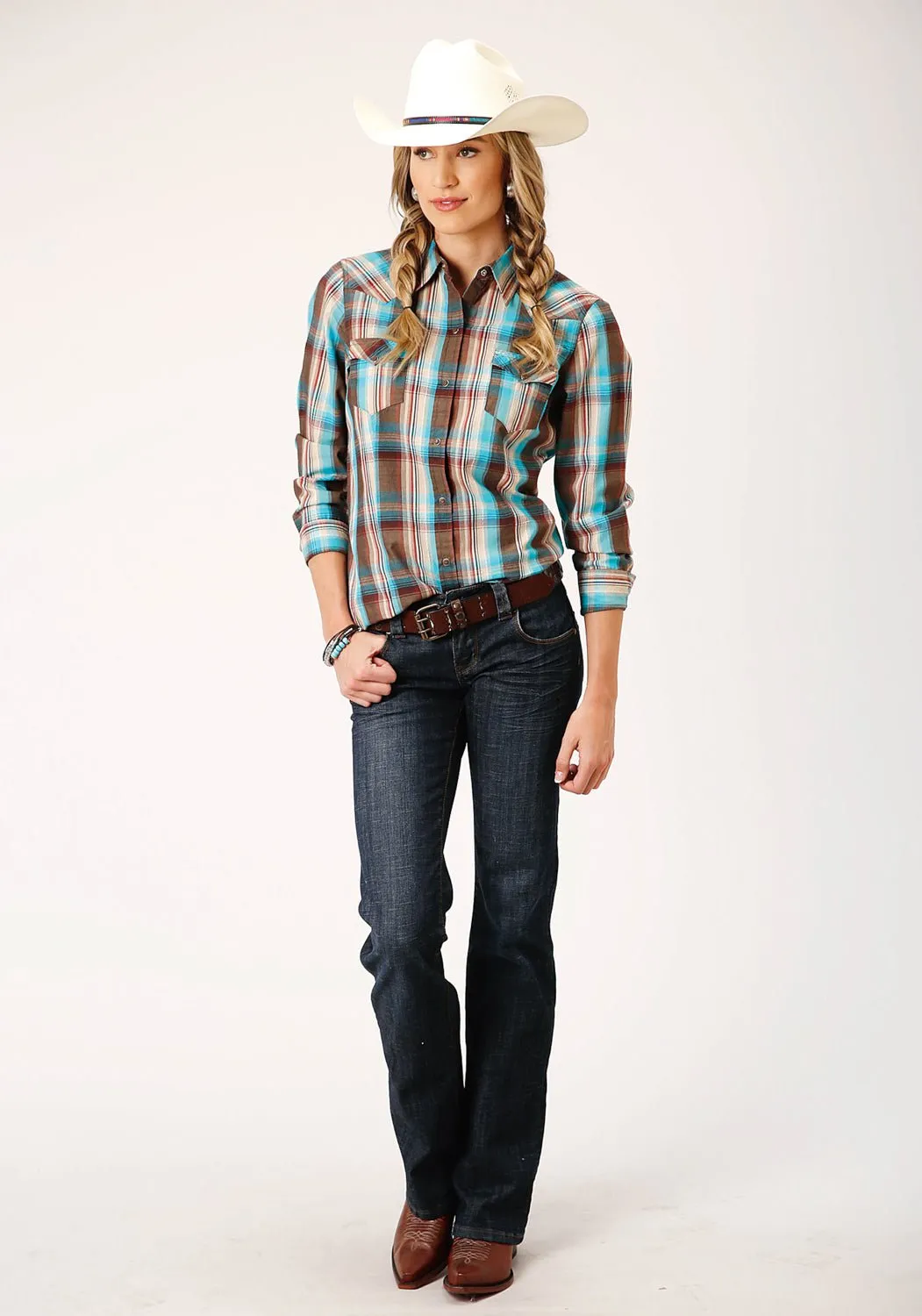 Roper Womens Desert Dobby Plaid Blue/Brown 100% Cotton L/S Shirt Smooth Stitch Pattern