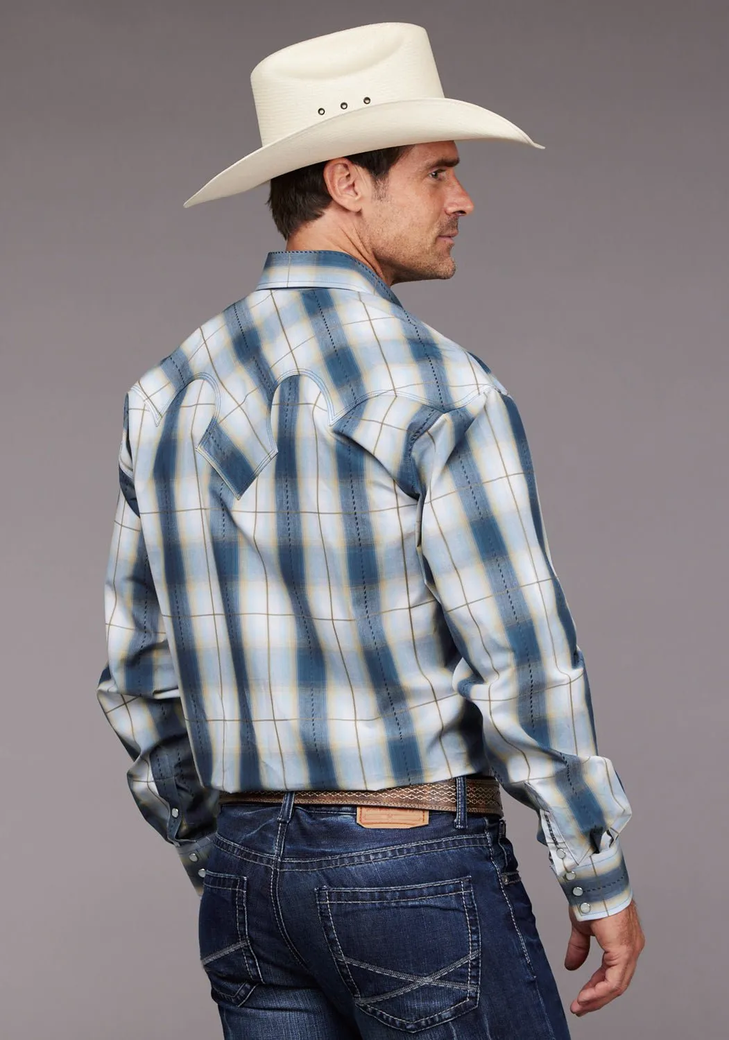 Sustainable Choice Stetson Mens Denim Dobby Plaid Blue 100% Cotton L/S Shirt