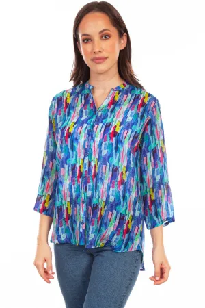 Bold Prints Scully Womens Blue Multi Rayon Dazzling S/S Blouse Errand Ready Layered Hemline Scully Womens Blue Multi Rayon Dazzling S/S Blouse
