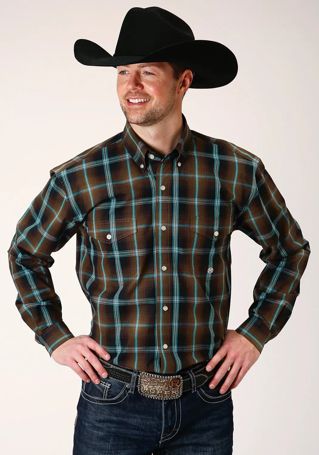Roper Mens Dark Chocolate 100% Cotton Plaid BD L/S Button Shirt All-Weather Ready