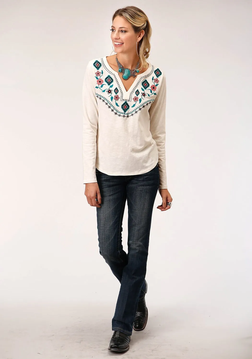 Roper Womens Aztec Floral Cream 100% Cotton L/S Tunic sporty wear Odor Control Technology