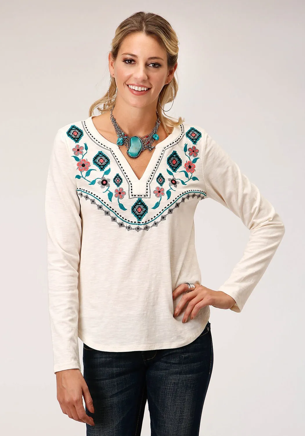 Roper Womens Aztec Floral Cream 100% Cotton L/S Tunic No Slip Shoulder Grips