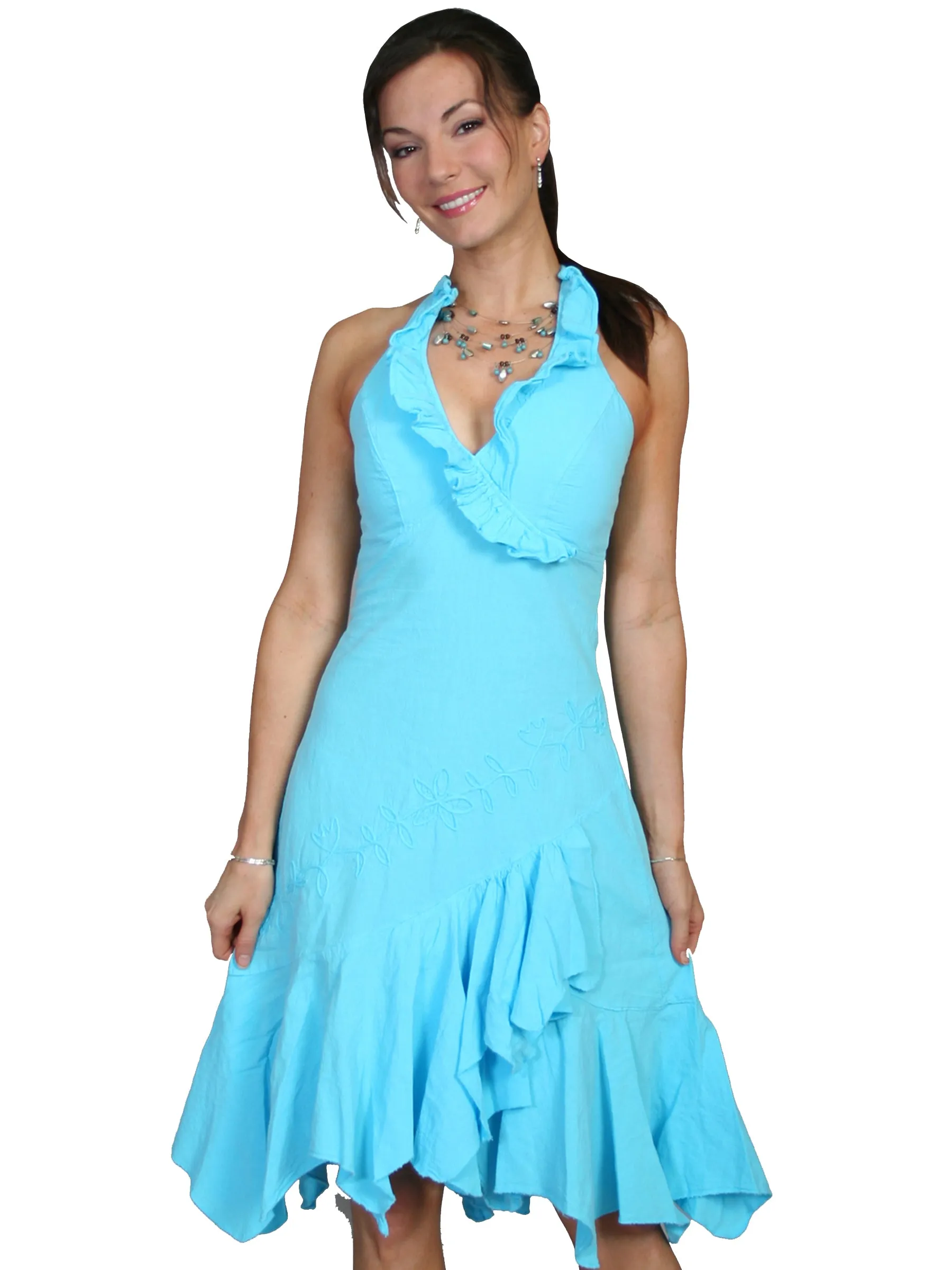 Scully Cantina Collection Halter Dress Turquoise 100% Cotton Ruffled Essential Wear Daily Fit