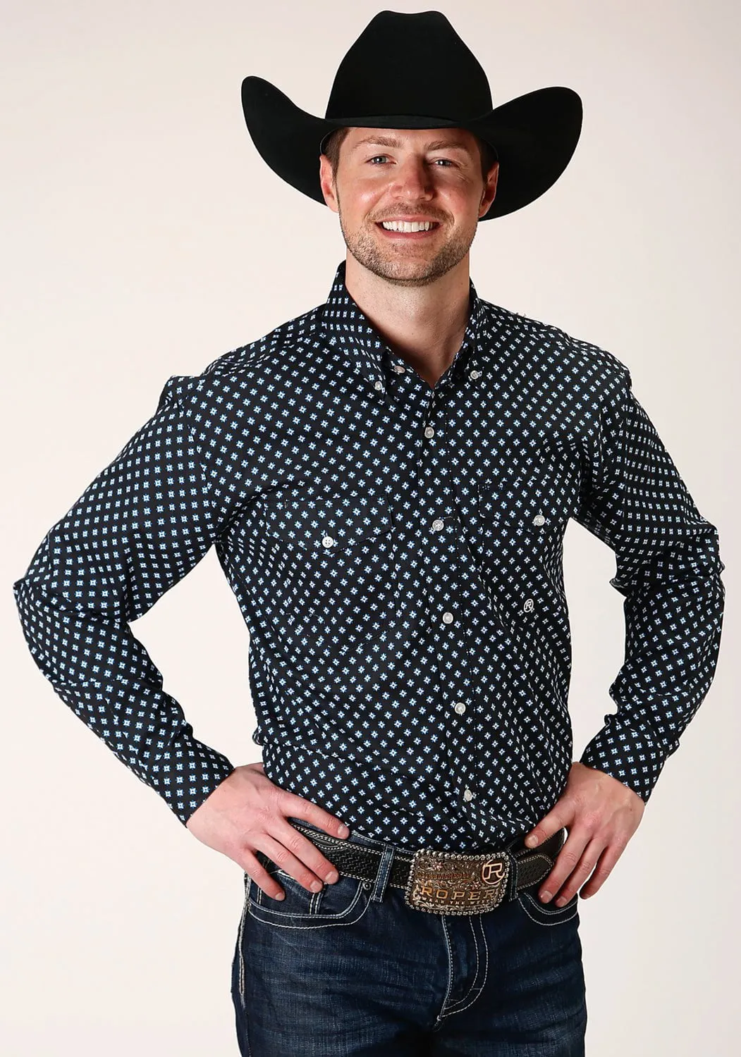 Roper Mens Black 100% Cotton New Star Foulard BD L/S Btn Shirt Smooth Texture Casual Style