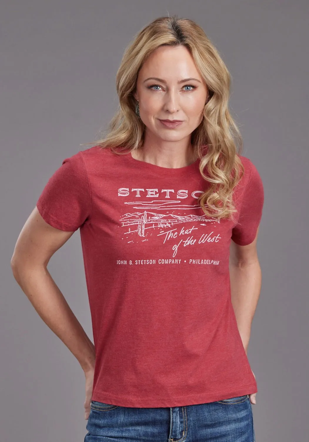 Stetson Womens The Hat Of The West Red Cotton Blend S/S T-Shirt Pre Shrunk Cotton Blend
