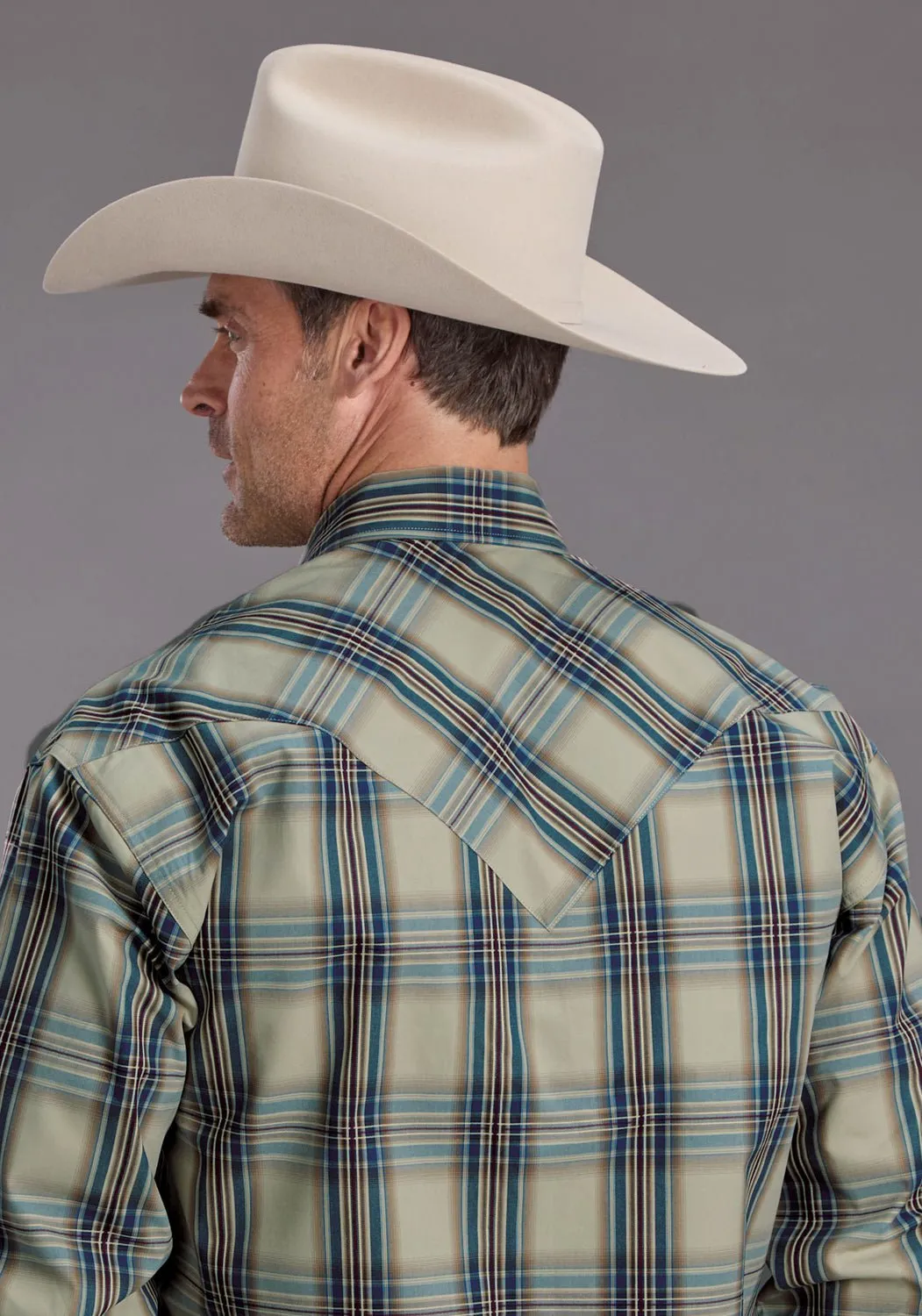 Stetson Mens Vintage Indigo Plaid Blue 100% Cotton L/S Shirt Durable Stitching Micro Perforated Texture