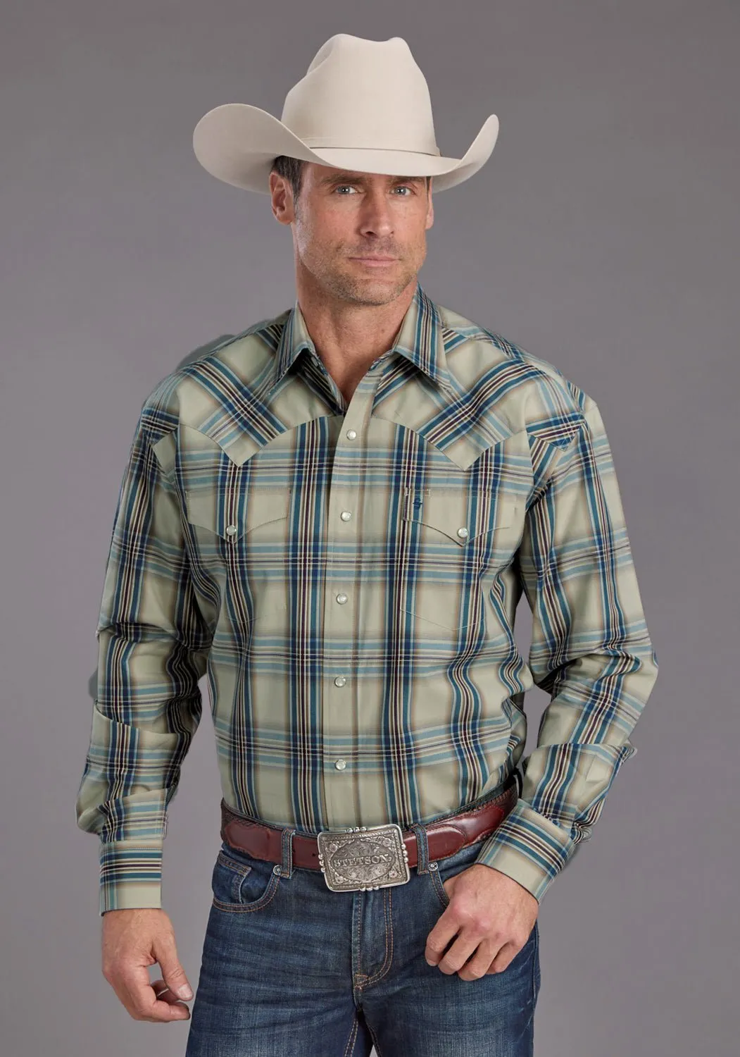 Stetson Mens Vintage Indigo Plaid Blue 100% Cotton L/S Shirt Breathable Comfort All Day Comfort Tech