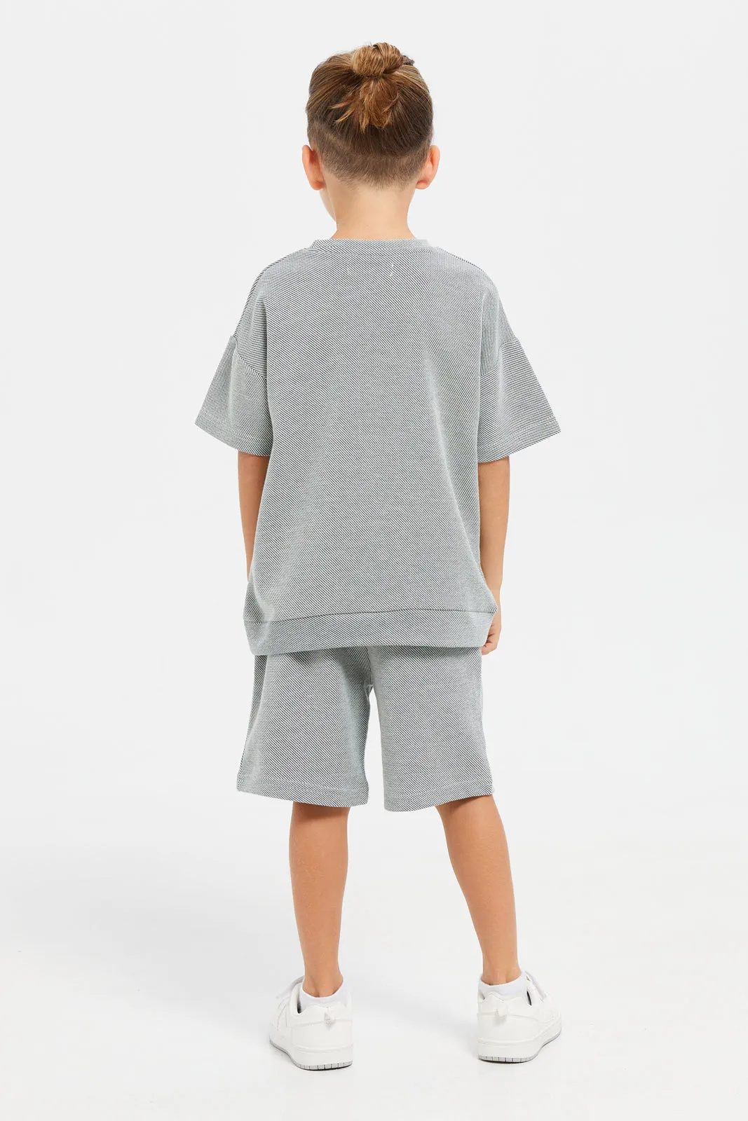 Boys Grey Jacquard Oversized Printed T-Shirt And Shorts Set (2 Piece)
