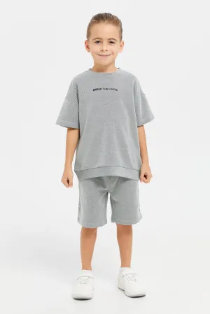 Boys Grey Jacquard Oversized Printed T-Shirt And Shorts Set (2 Piece)