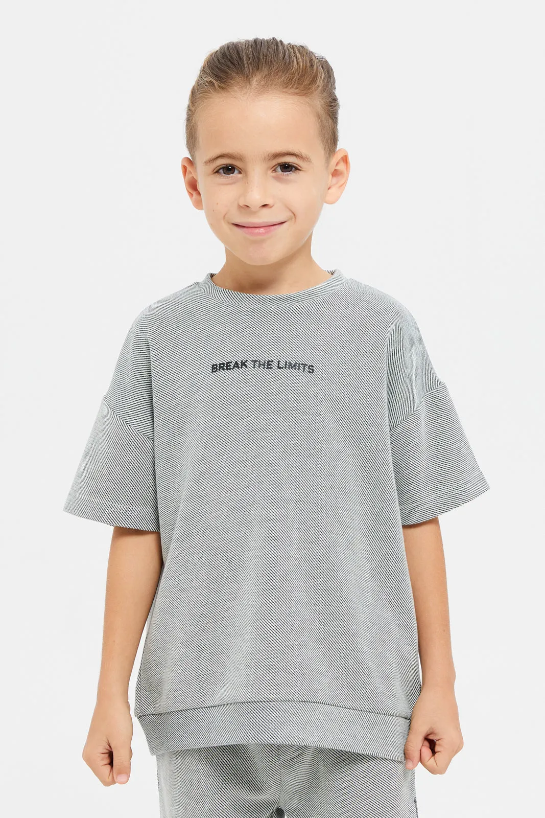 Boys Grey Jacquard Oversized Printed T-Shirt And Shorts Set (2 Piece)