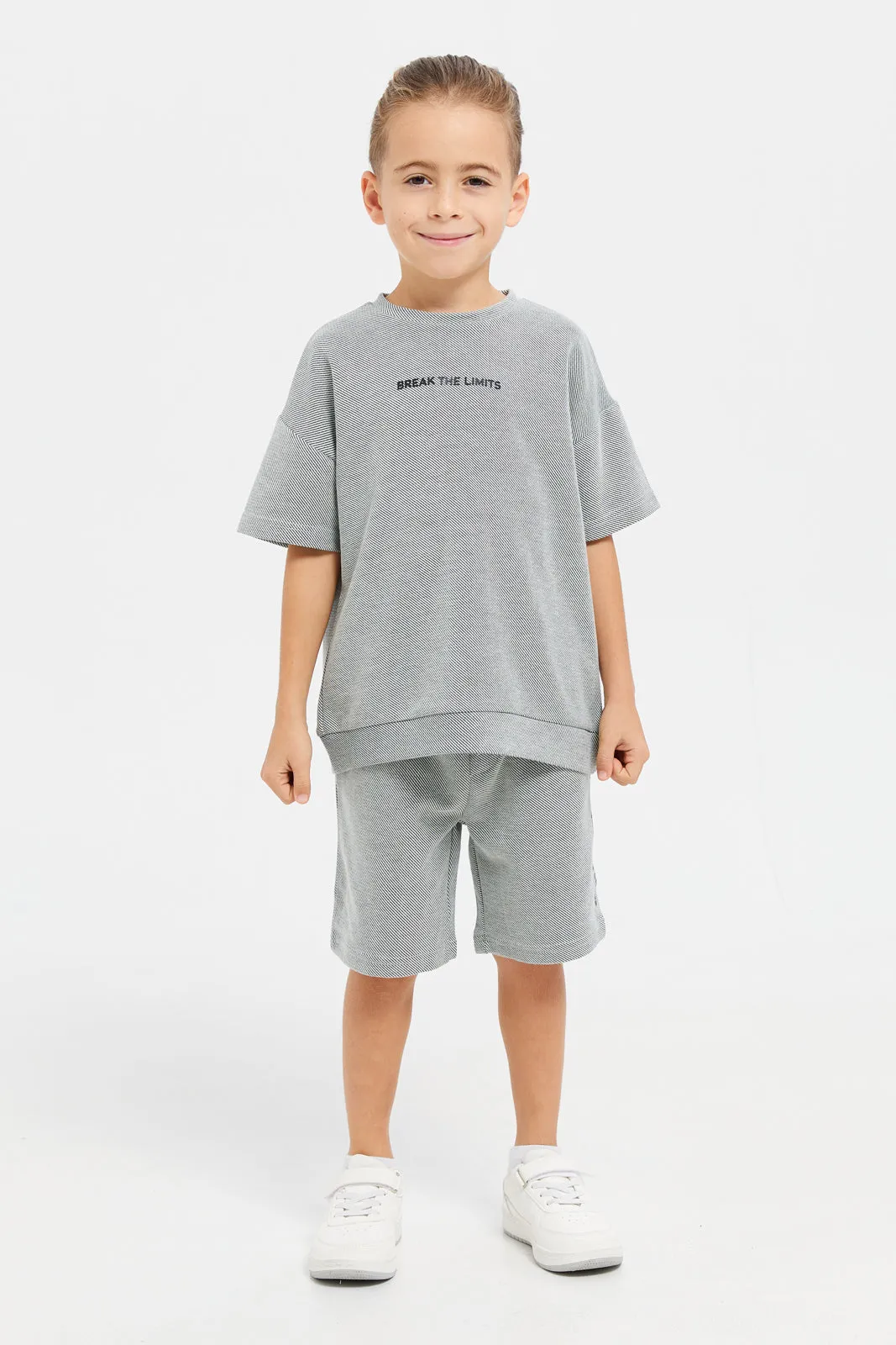 Boys Grey Jacquard Oversized Printed T-Shirt And Shorts Set (2 Piece)