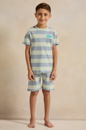 Boys Mint And Grey Striped Pyjama Set (2 Piece)