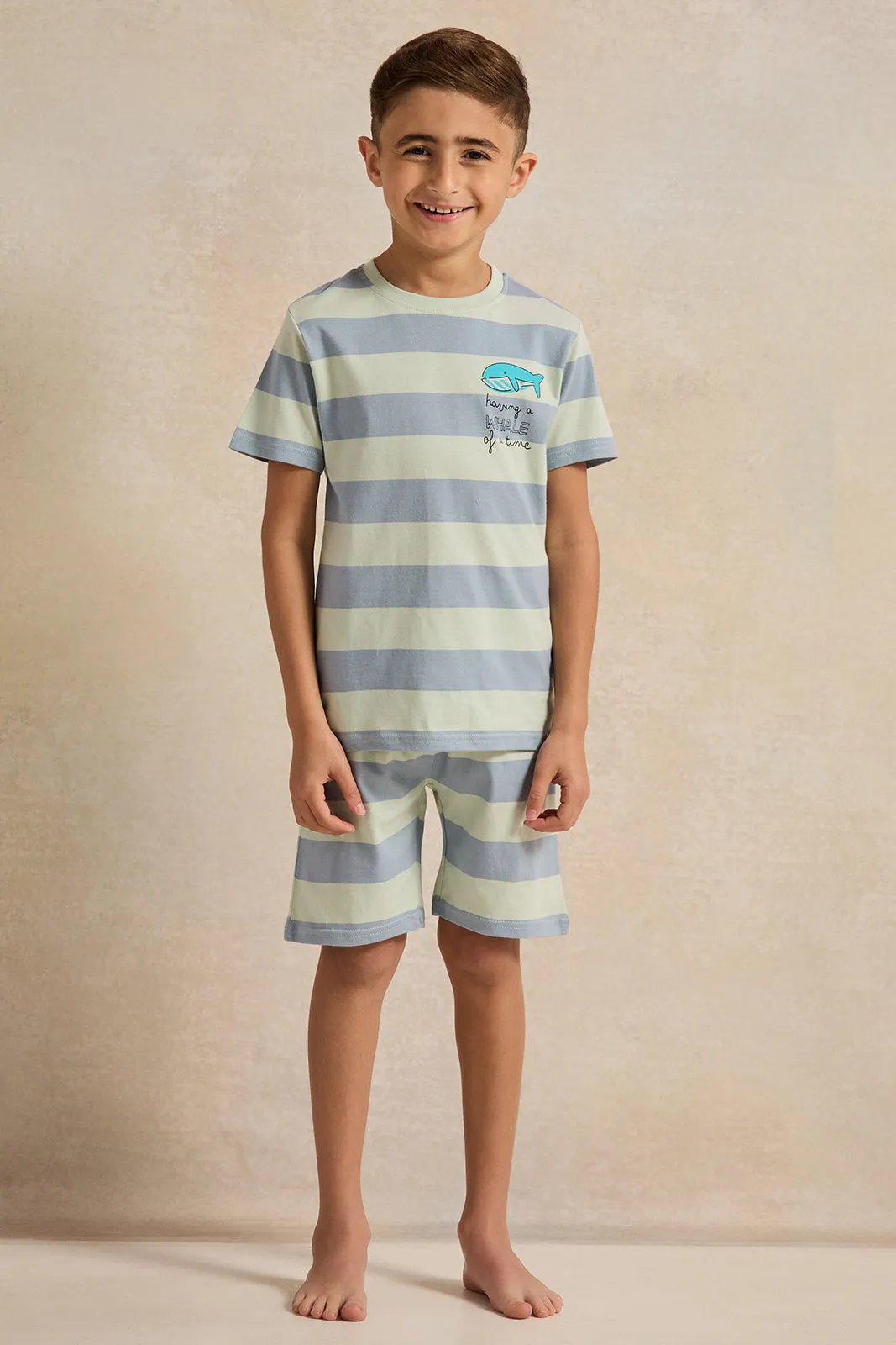Boys Mint And Grey Striped Pyjama Set (2 Piece)