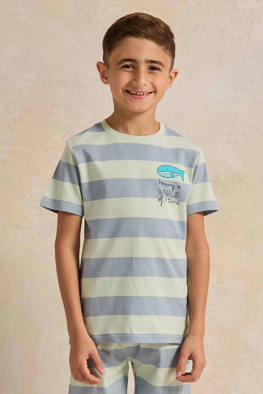 Boys Mint And Grey Striped Pyjama Set (2 Piece)