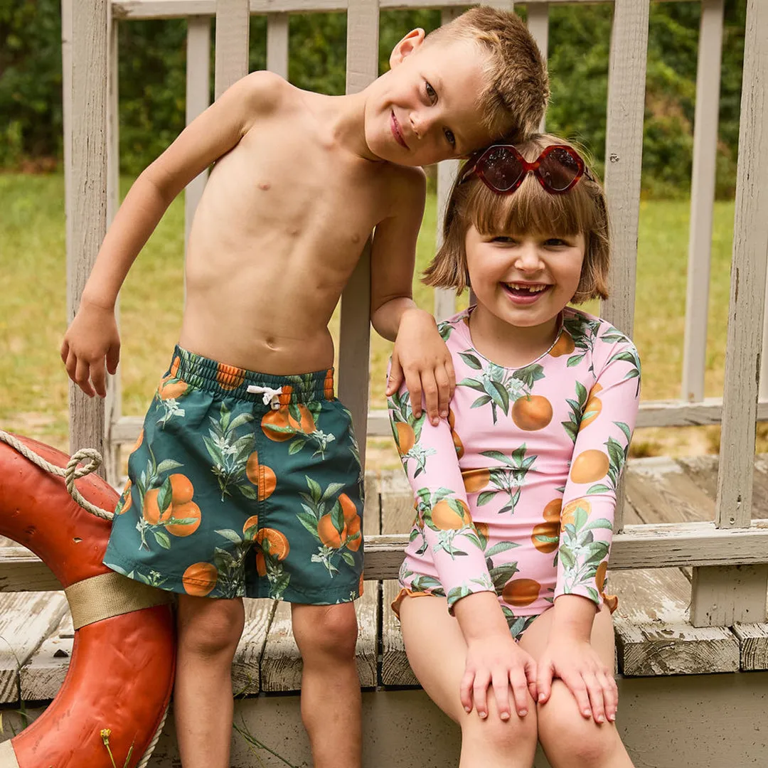 Boys Swim Trunk - Green Botanical Oranges