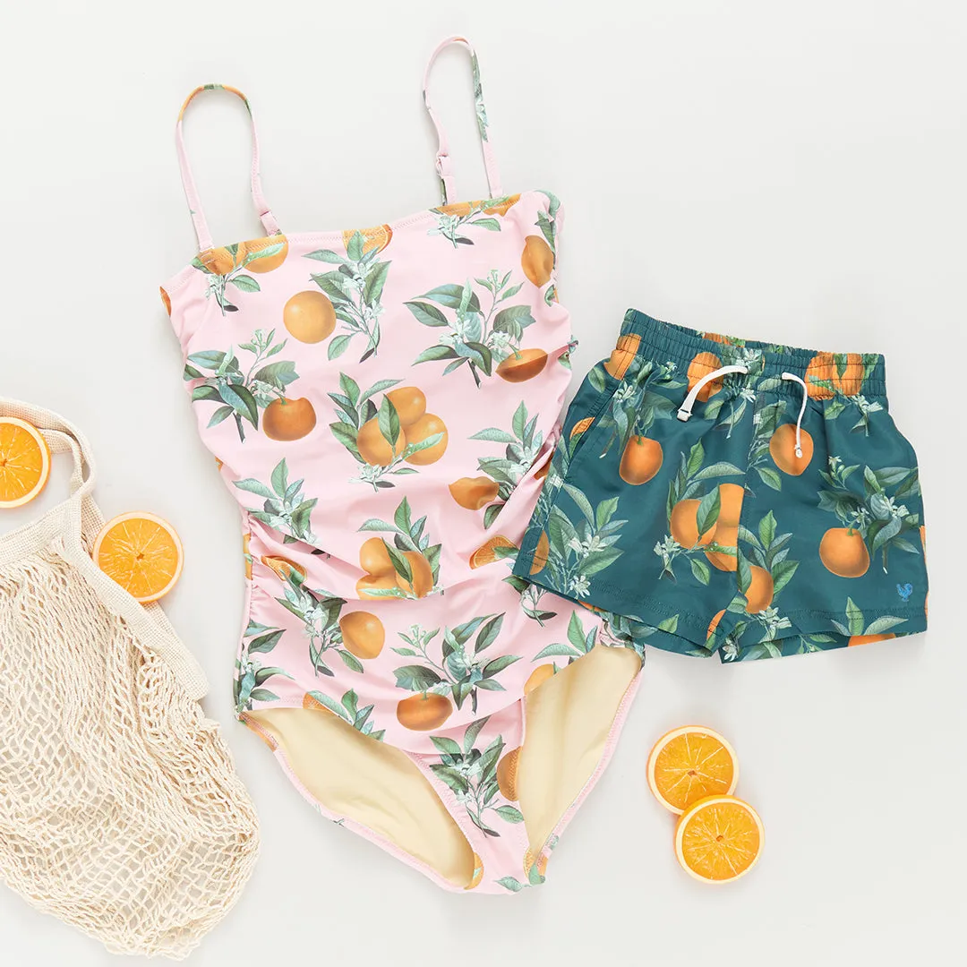 Boys Swim Trunk - Green Botanical Oranges