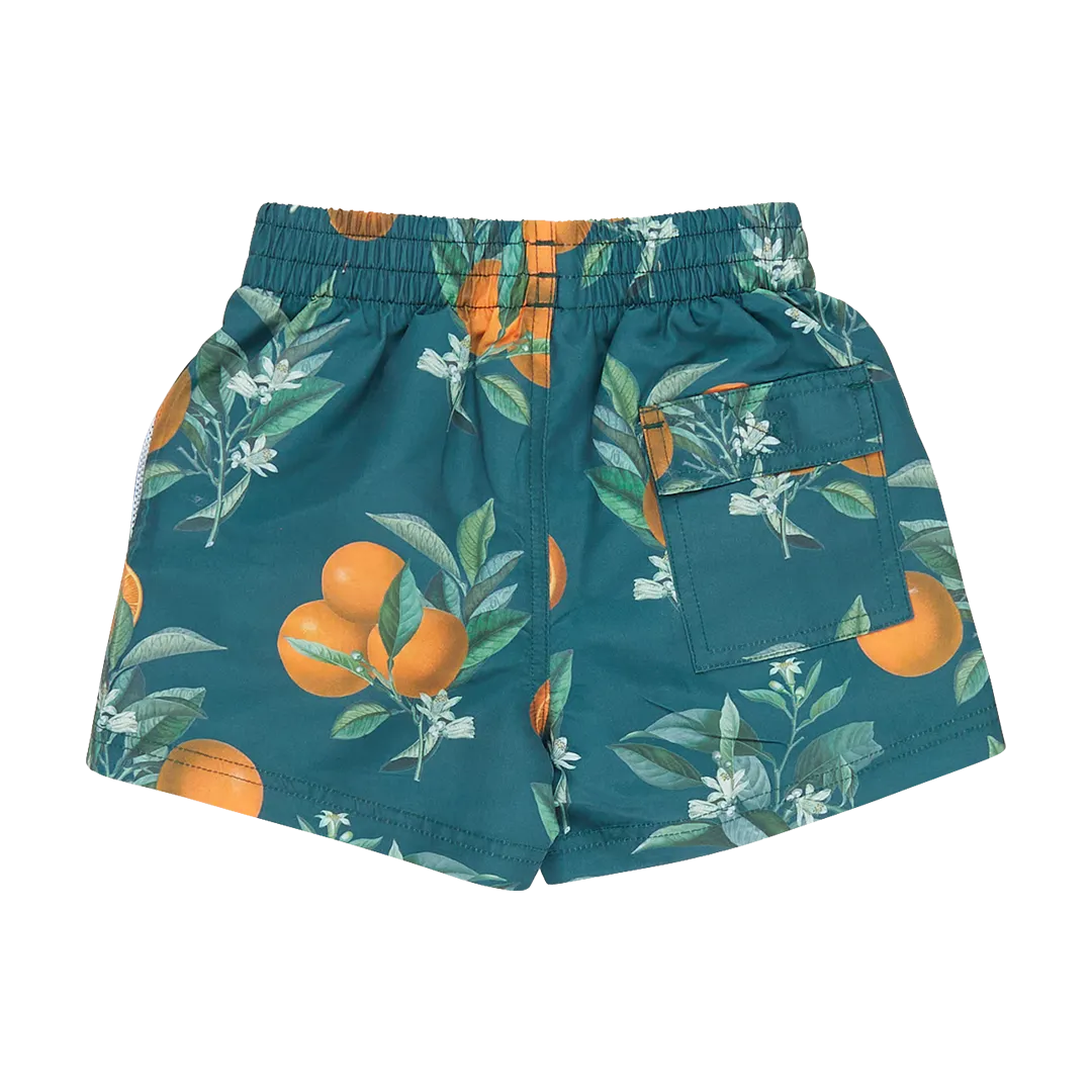 Boys Swim Trunk - Green Botanical Oranges