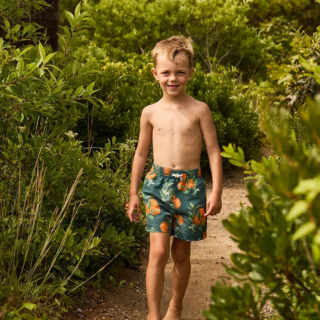 Boys Swim Trunk - Green Botanical Oranges