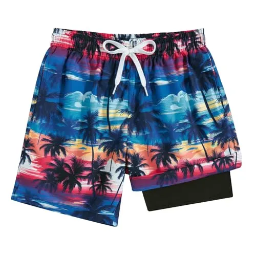 Boys Swim Trunks,Big Kid 3D Space Starry Printed Black Liner Compression Swimwear with Boxer Brief Young Quick Dry Size 10 12 Swim Shorts Medium Kids Bathing Suits Medium for 10-12 Years