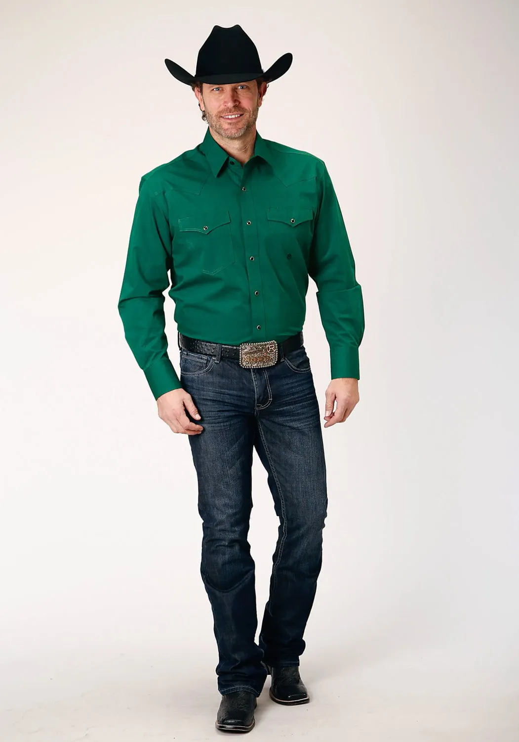 Roper Mens Black Fill Solid Green 100% Cotton L/S Shirt Functional Wear