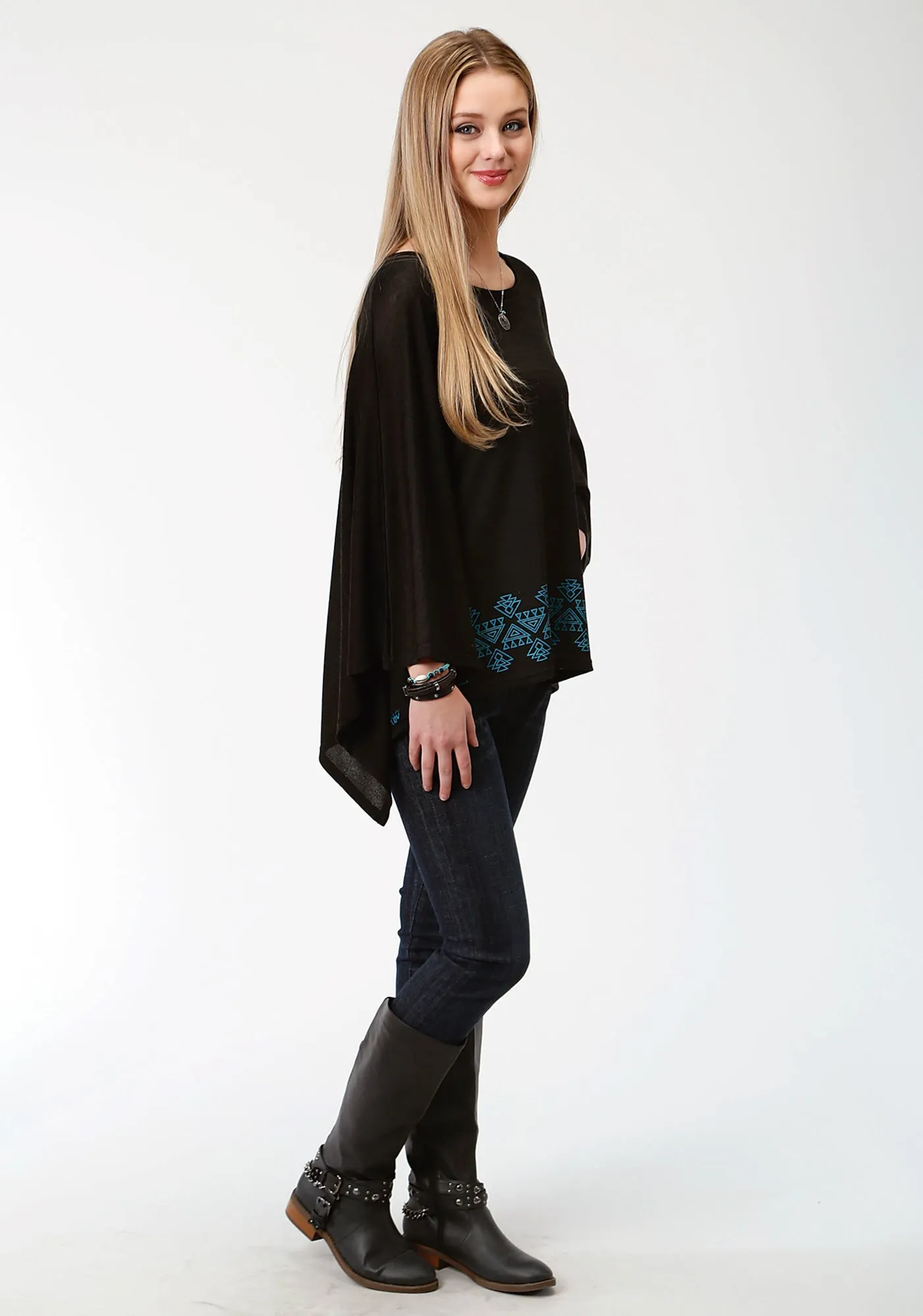 Moisture Wicking Lining No Iron Wear Roper Womens Black/Blue Polyester Hankerchief Sweater