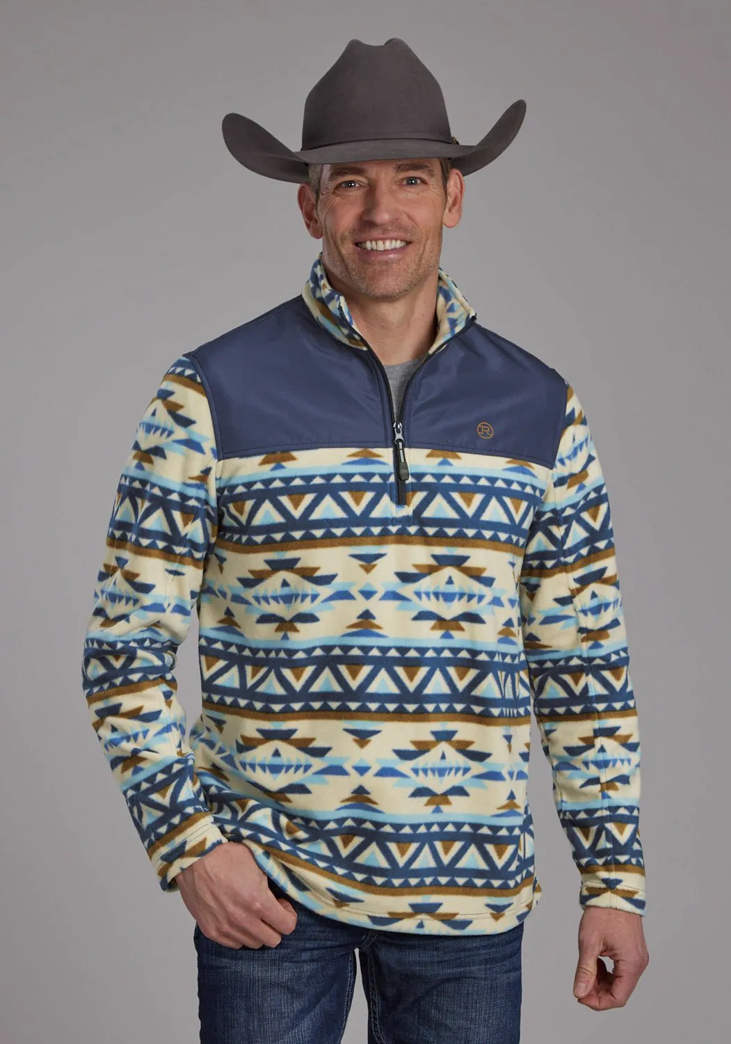 Roper Mens 2321 Aztec Print Cream/Blue Fleece Pullover Sweater Lightweight Fabric