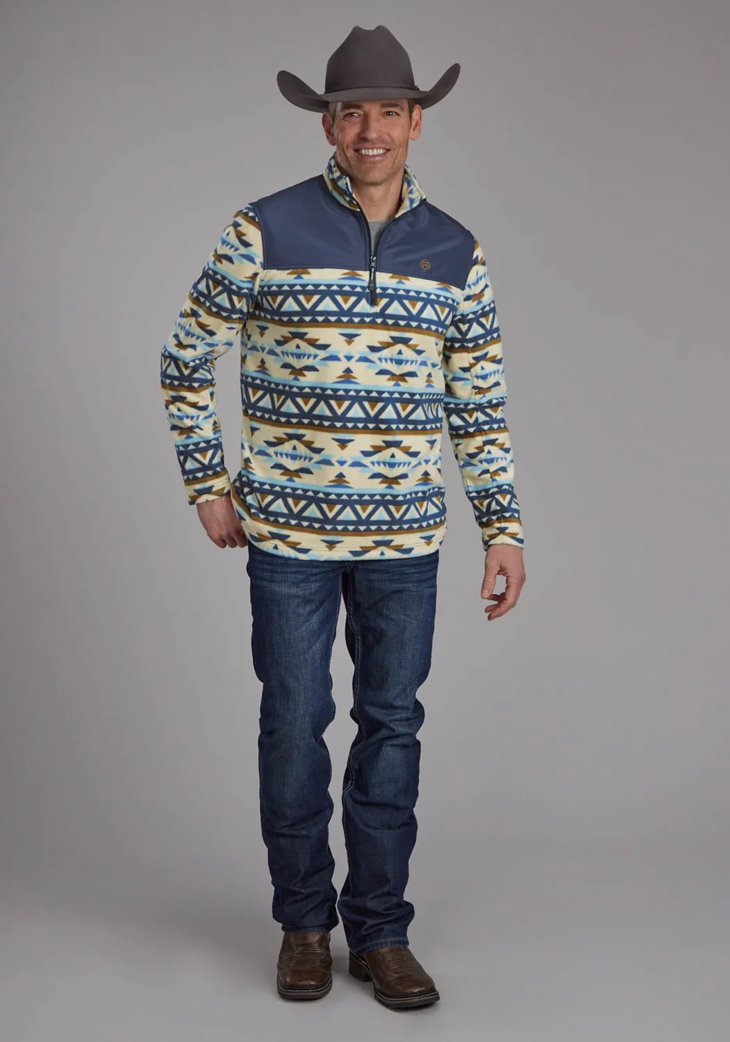Classic Wardrobe Roper Mens 2321 Aztec Print Cream/Blue Fleece Pullover Sweater