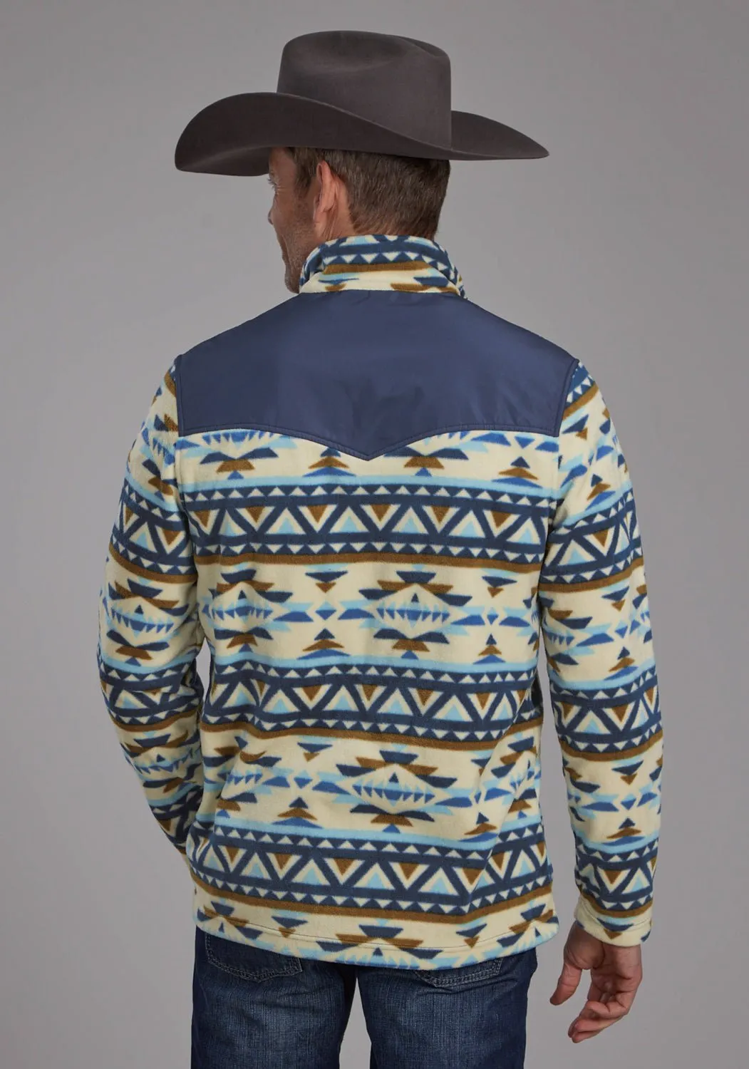 Roper Mens 2321 Aztec Print Cream/Blue Fleece Pullover Sweater V-Neck Anti Pill Technology
