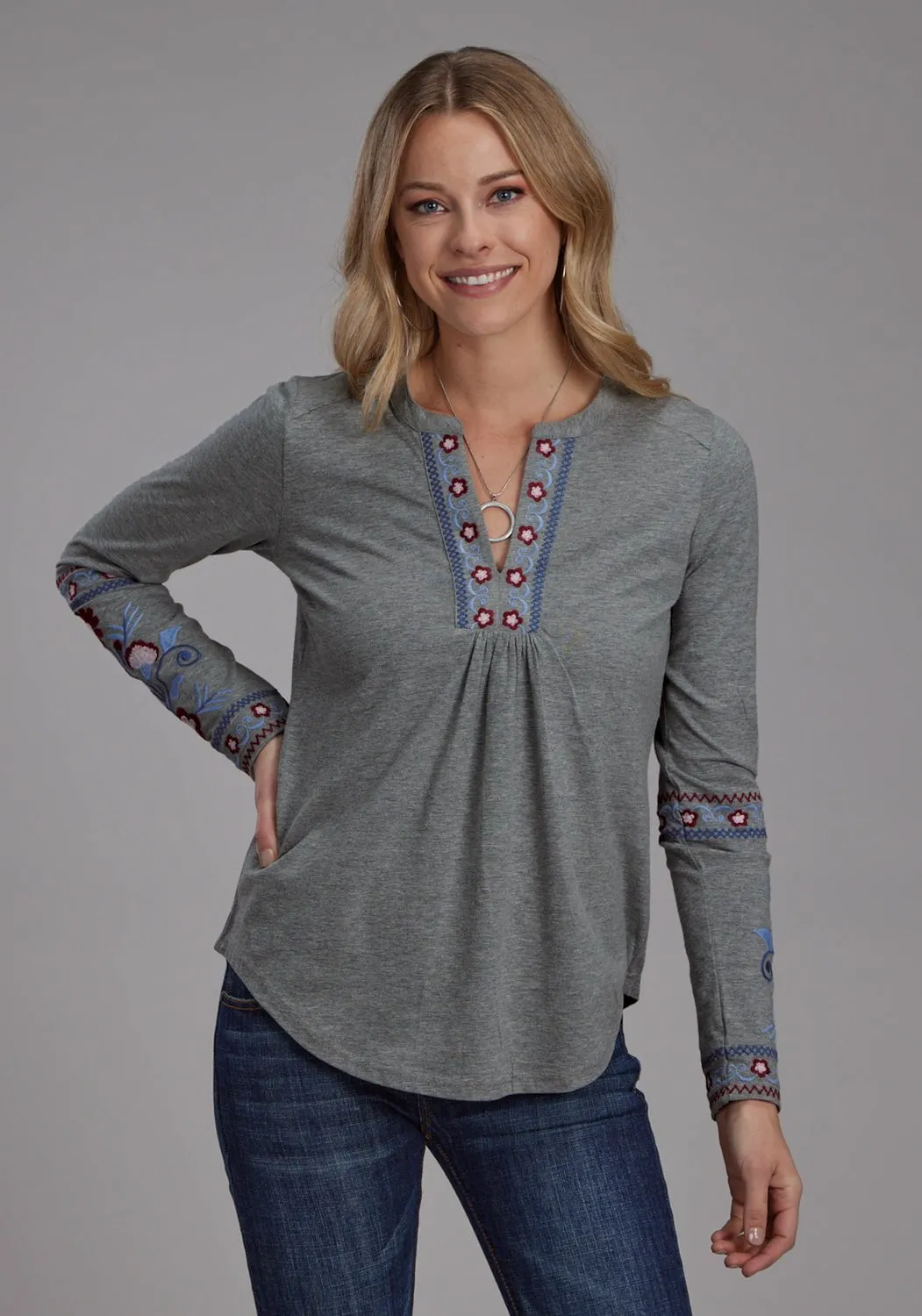 Curved Seam Construction Roper Womens Pretty Floral Grey Poly/Cotton L/S T-Shirt
