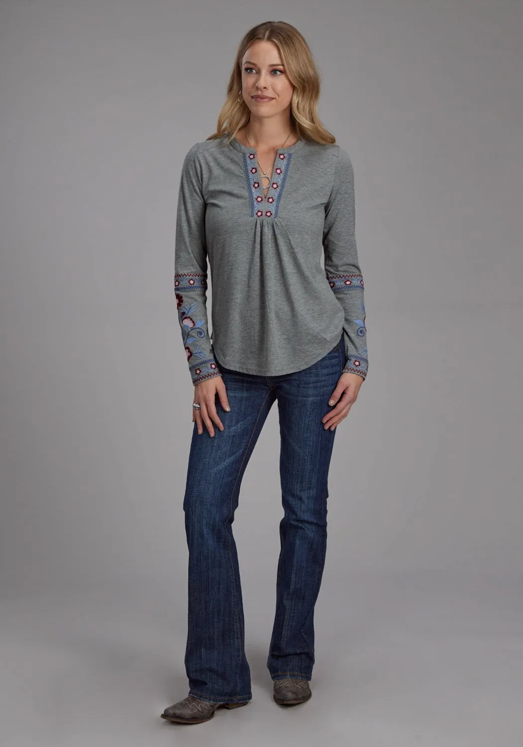Roper Womens Pretty Floral Grey Poly/Cotton L/S T-Shirt Weekend Style Rainy Day Everyday Favorite