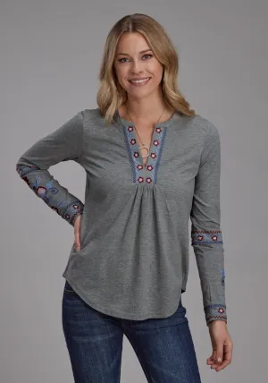 Breathable Linen Blend Roper Womens Pretty Floral Grey Poly/Cotton L/S T-Shirt Curved Seam Construction Roper Womens Pretty Floral Grey Poly/Cotton L/S T-Shirt