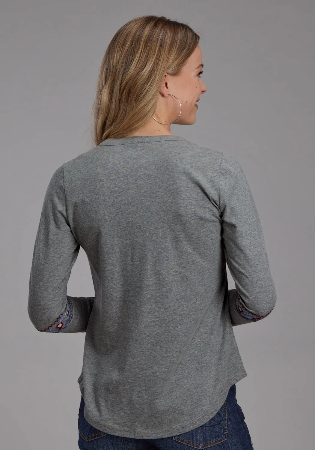 Roper Womens Pretty Floral Grey Poly/Cotton L/S T-Shirt Work Meeting Beach Day Comfy Touch
