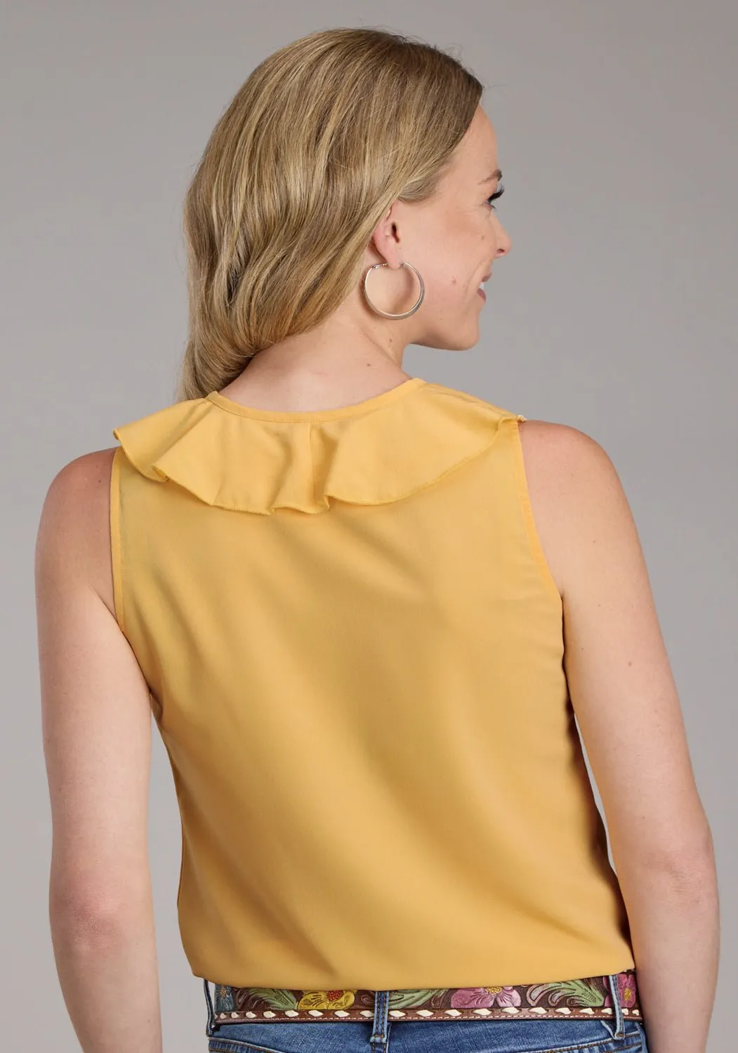 Round Collar Roper Womens Center Front Ruffle Golden Yellow 100% Polyester S/L Blouse