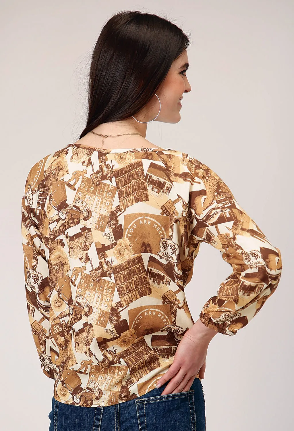Weekend Outing Seamless Shoulder Construction Roper Womens Collage 3/4 Sleeve Brown 100% Rayon L/S Blouse