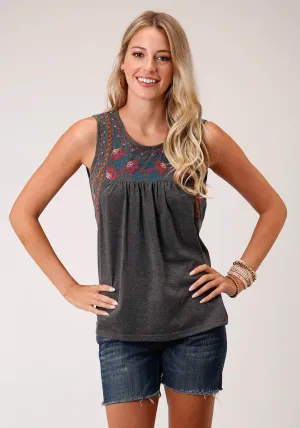 Breathable Lining Roper Womens Dark Grey 100% Cotton Cross-Stitch S/L Tank Top Wedding guest Roper Womens Dark Grey 100% Cotton Cross-Stitch S/L Tank Top