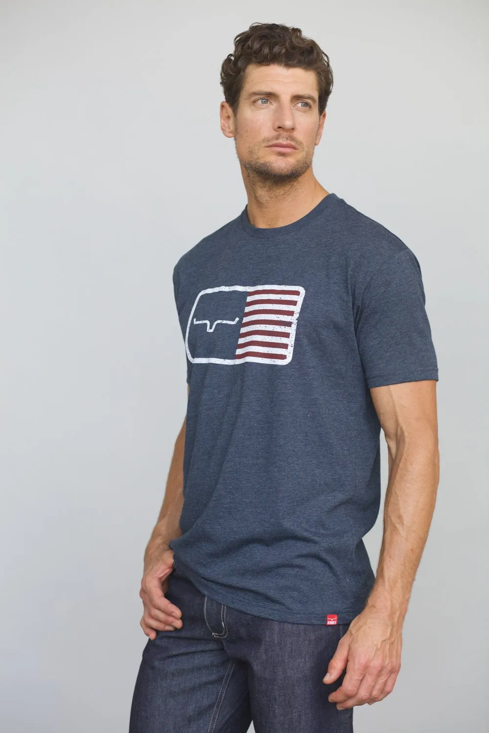 Kimes Ranch Mens American Trucker Tee Navy Cotton Blend S/S T-Shirt Chic Ensemble Shimmer Effect