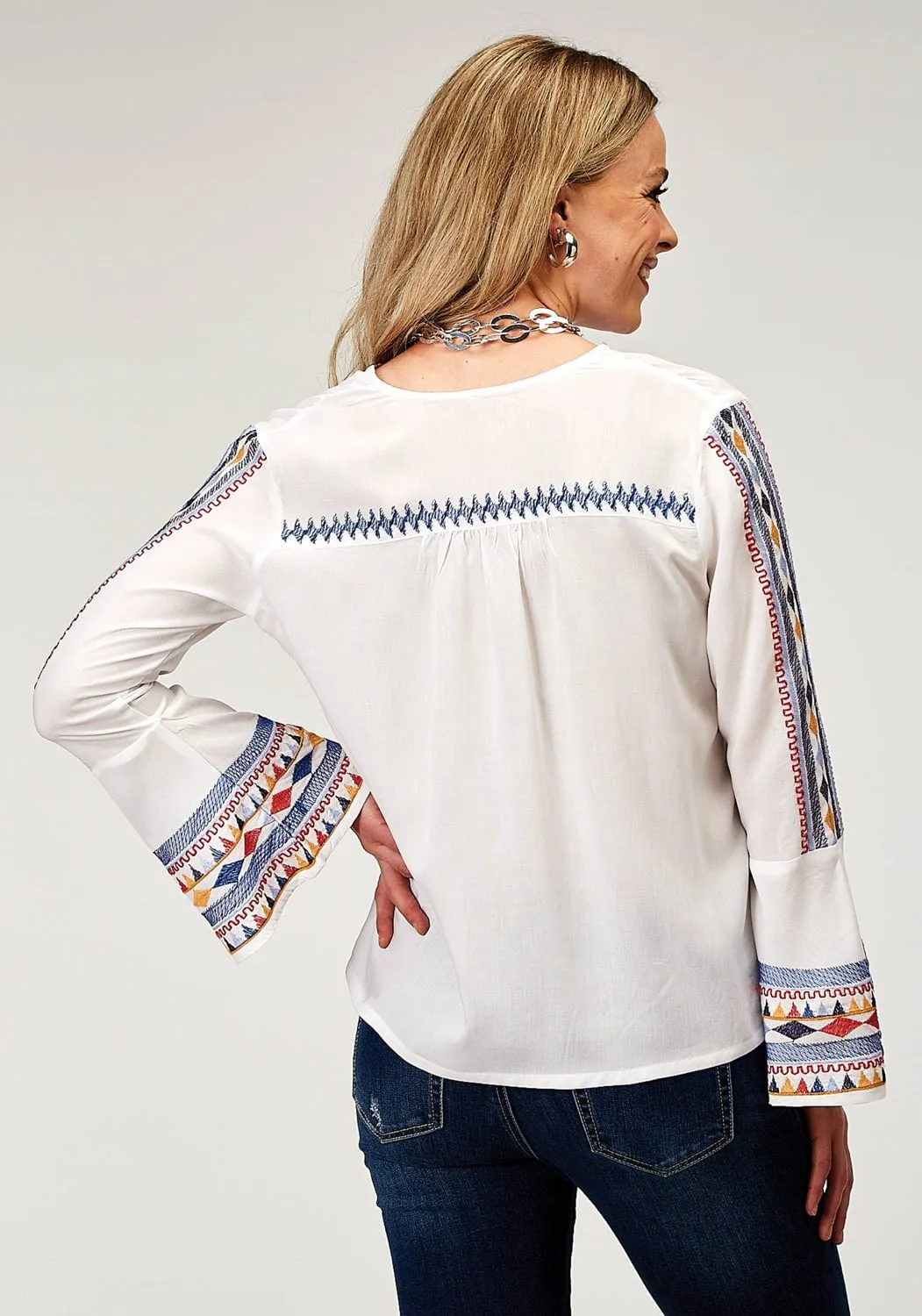 Easy Care Material Roper Womens Embroidered Split Neck White 100% Rayon L/S Tunic