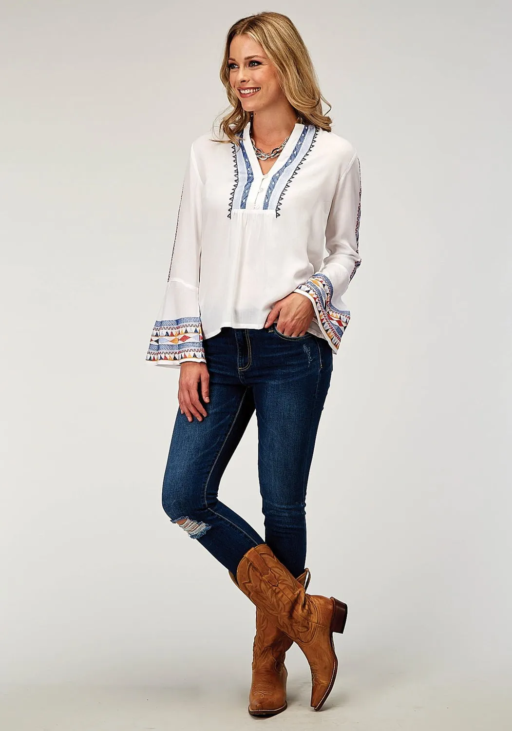 Casual Comfort Roper Womens Embroidered Split Neck White 100% Rayon L/S Tunic