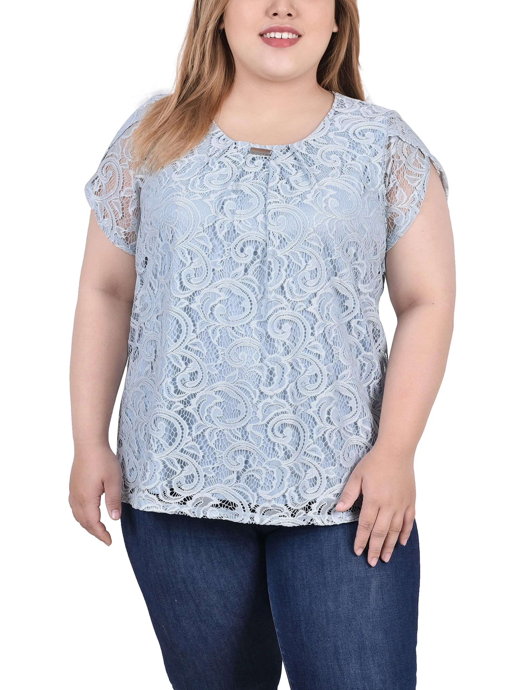 Plus Size Lace Petal Sleeve Top Comfy Detail Boat-Neck