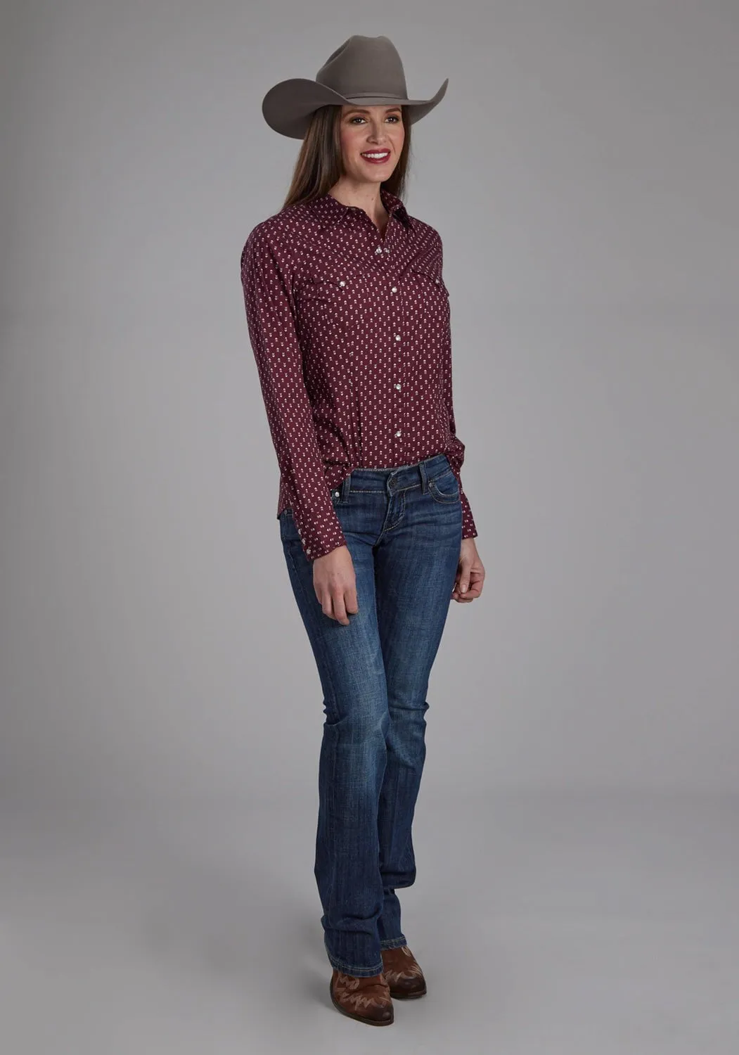 Roper Womens 2174 Arrow Print Red 100% Cotton L/S Shirt fade resistant color