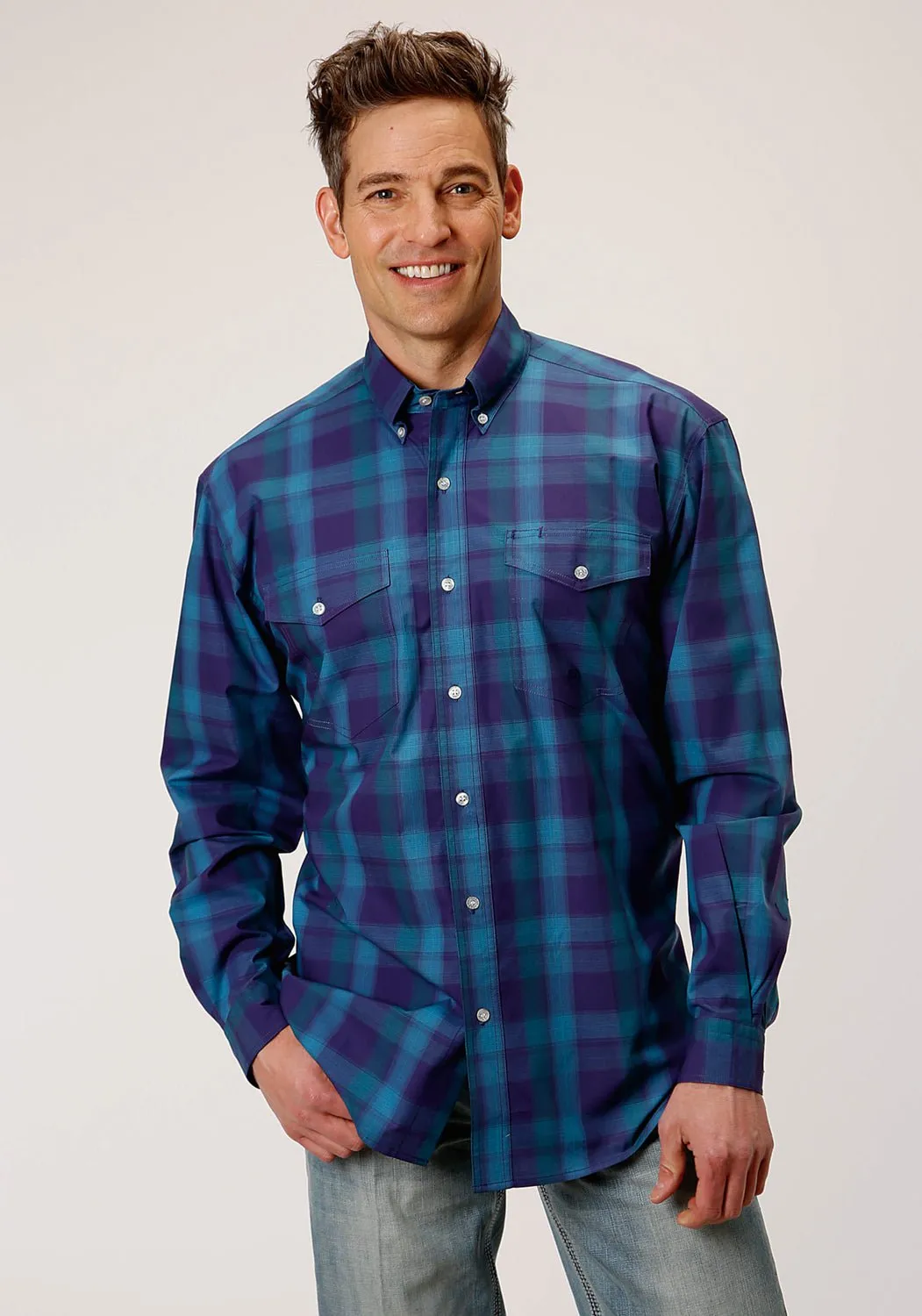 Roper Mens Purple 100% Cotton Shadow Ombre BD L/S Button Shirt Chic Comfort