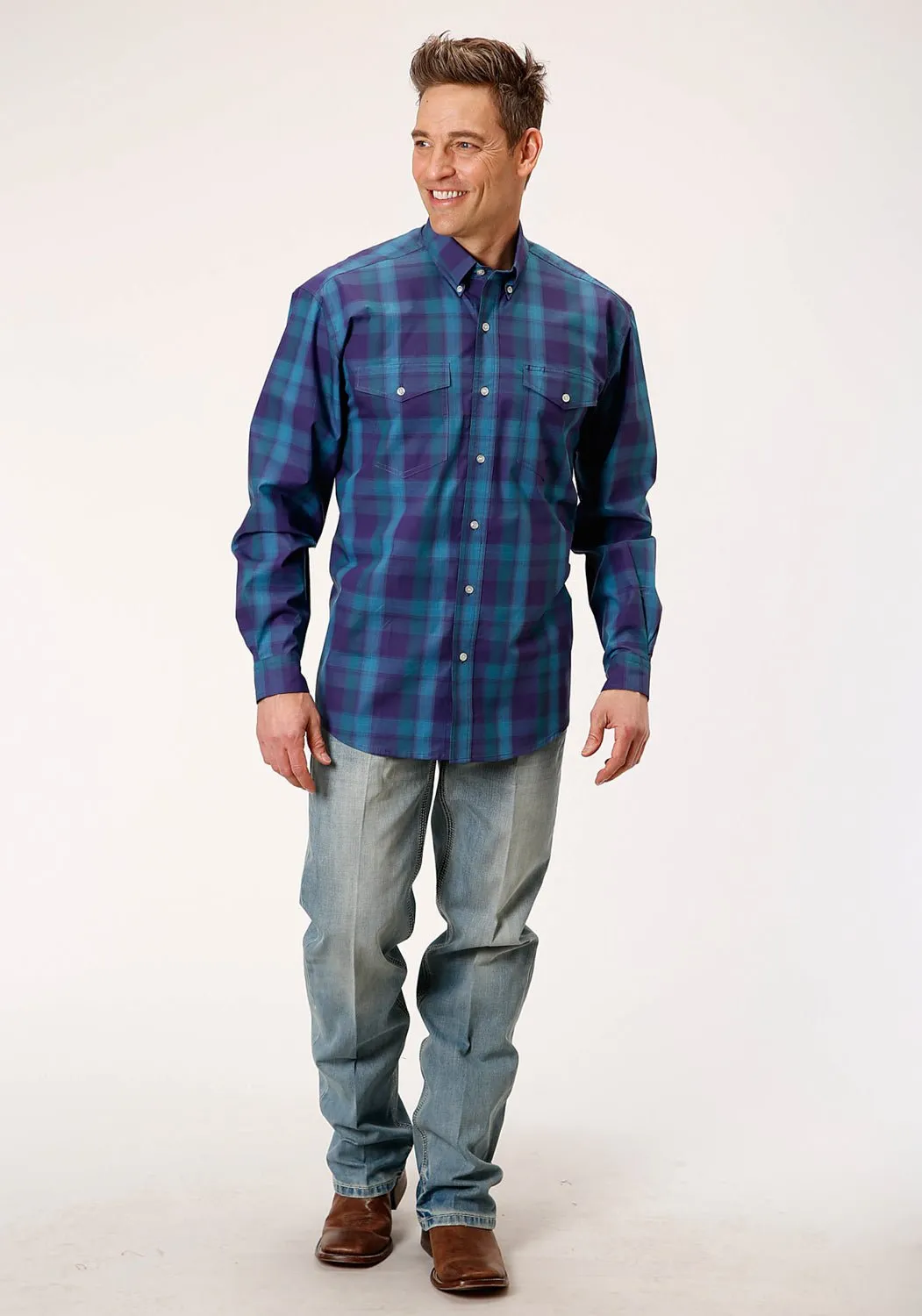 Chill Comfort Roper Mens Purple 100% Cotton Shadow Ombre BD L/S Button Shirt