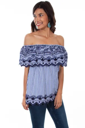 Breathable Underarm Vents Scully Womens Navy Viscose Stripe Ruffle S/S Blouse Polo Style Scully Womens Navy Viscose Stripe Ruffle S/S Blouse