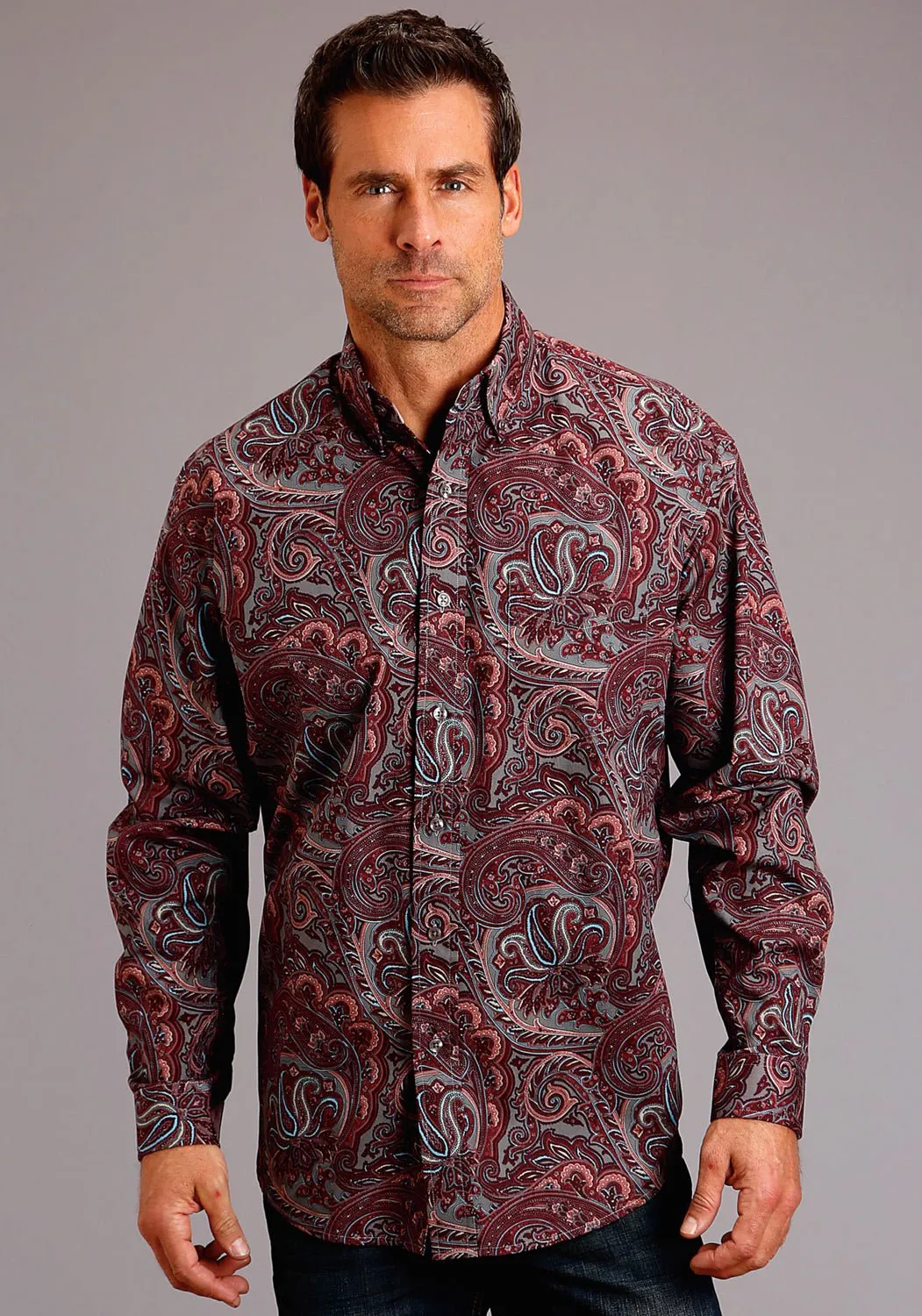 Stetson Mens Wine 100% Cotton Sandstone Paisley BD L/S 1 Pocket Shirt Non Restrictive Fit Relaxed Vibe