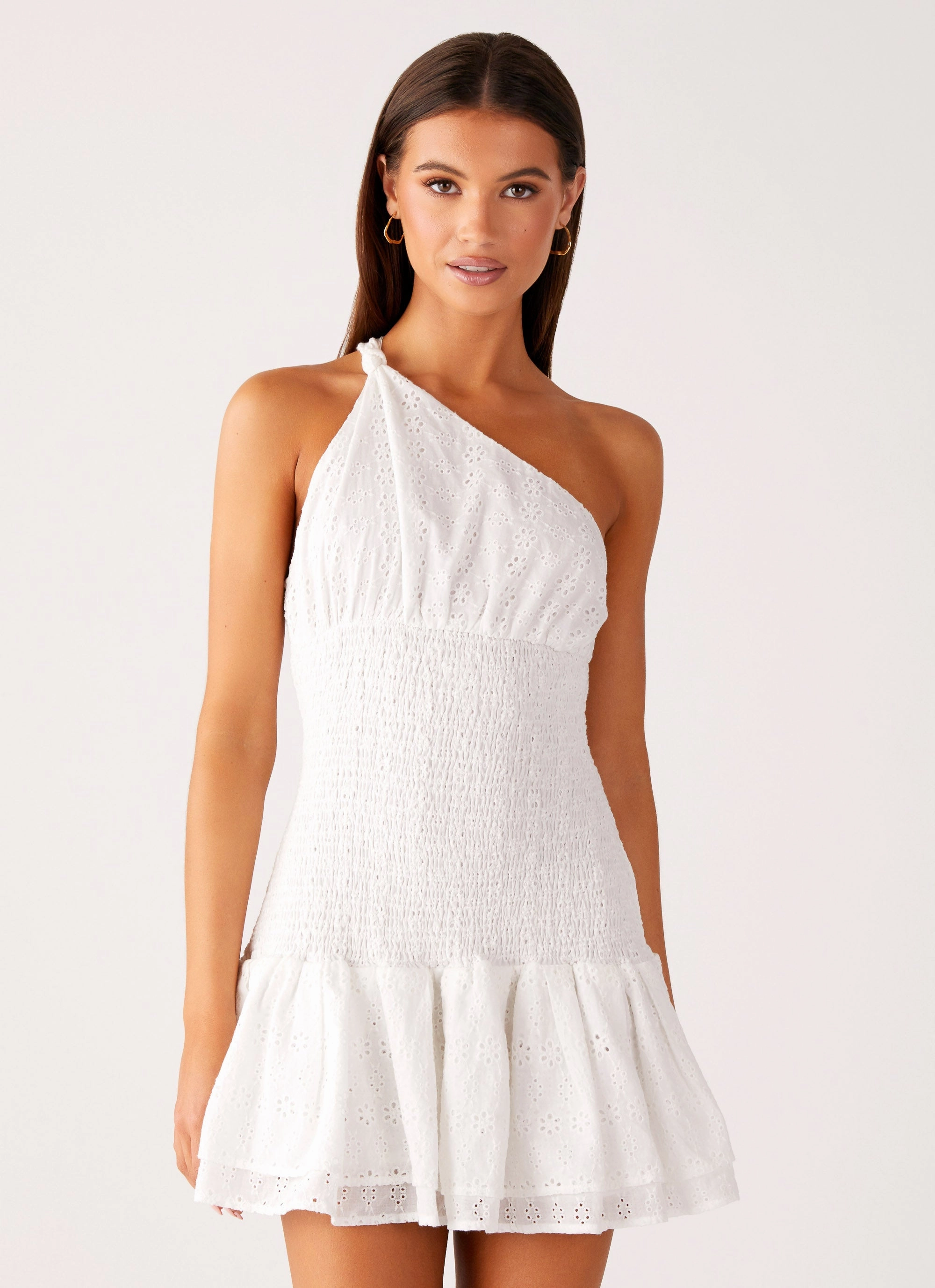 Hestia Drop Waist Shirring Mini Dress - White Calm Beauty Minimal Core