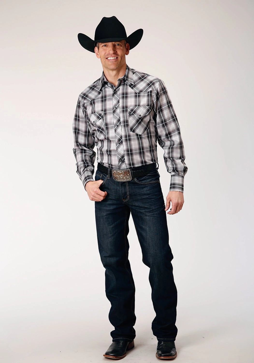 All-Ages Fit Roper Mens Aqua Plaid Black Cotton Blend L/S Shirt