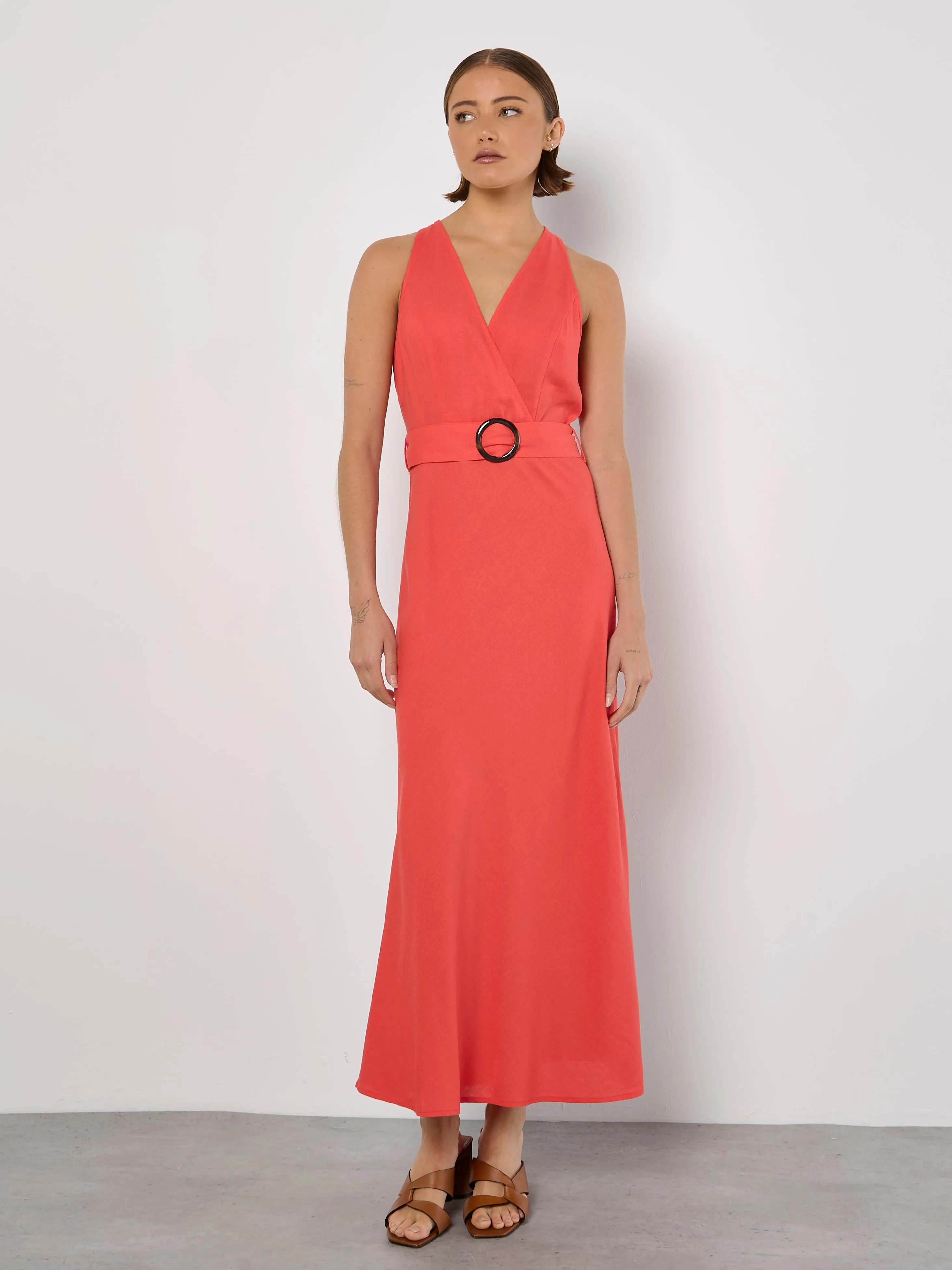 Year Round Light Touch Sleeveless Faux Wrap Midi Dress in Watermelon